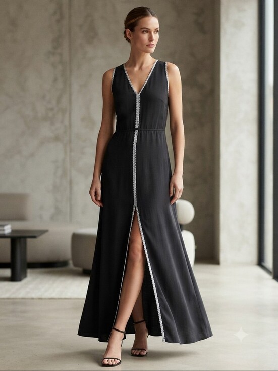 Parker Dresses & Skirts - Parker Vintage Silk Black Braided Trim Maxi Dress Size M V-Neck  Halter Tie Neck